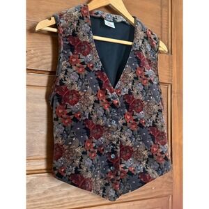 Vintage Velveteen Floral Butterfly Vest, The Red Eye, Small Grey Burgundy 90s